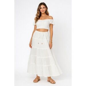 FREE PEOPLE Simply Smitten Optic White Tiered Cotton Maxi Skirt M Cottagecore